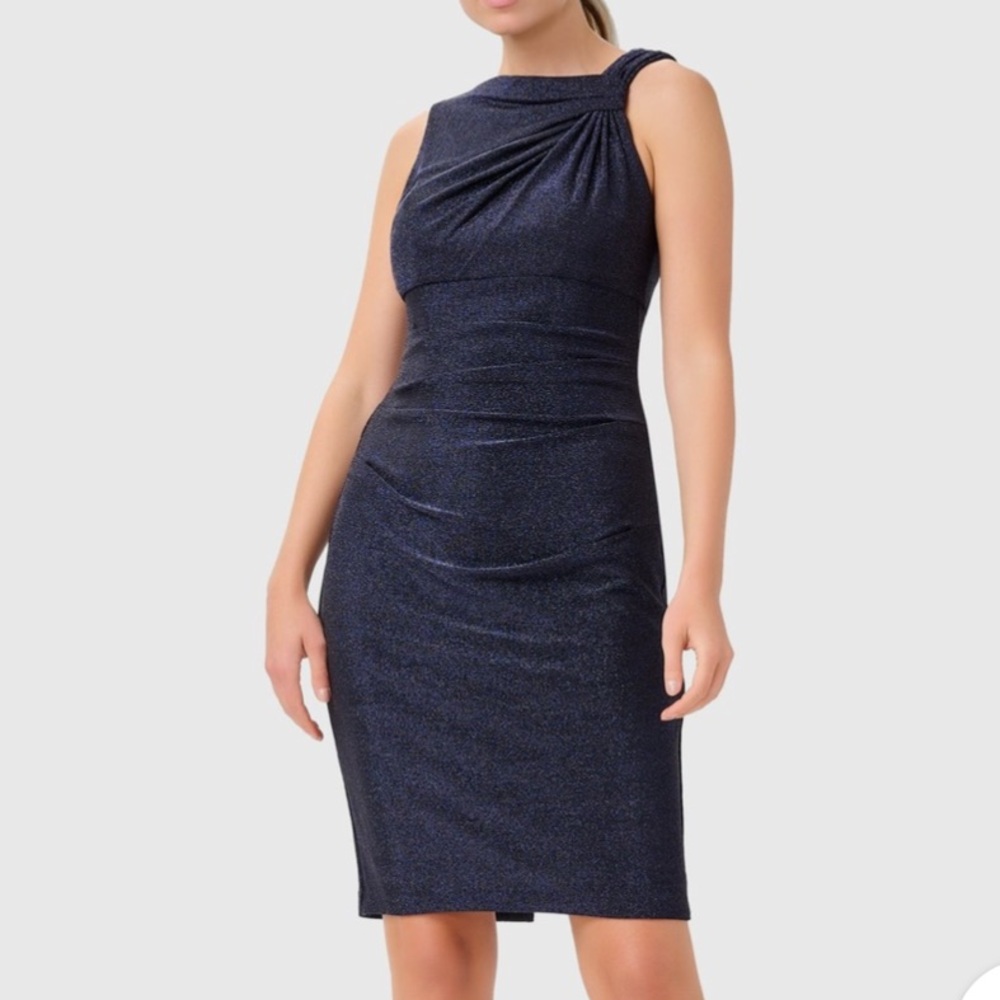 Adrianna Papell Sz 12 Midnight Metallic Ruched Sheath Dress • NEW!